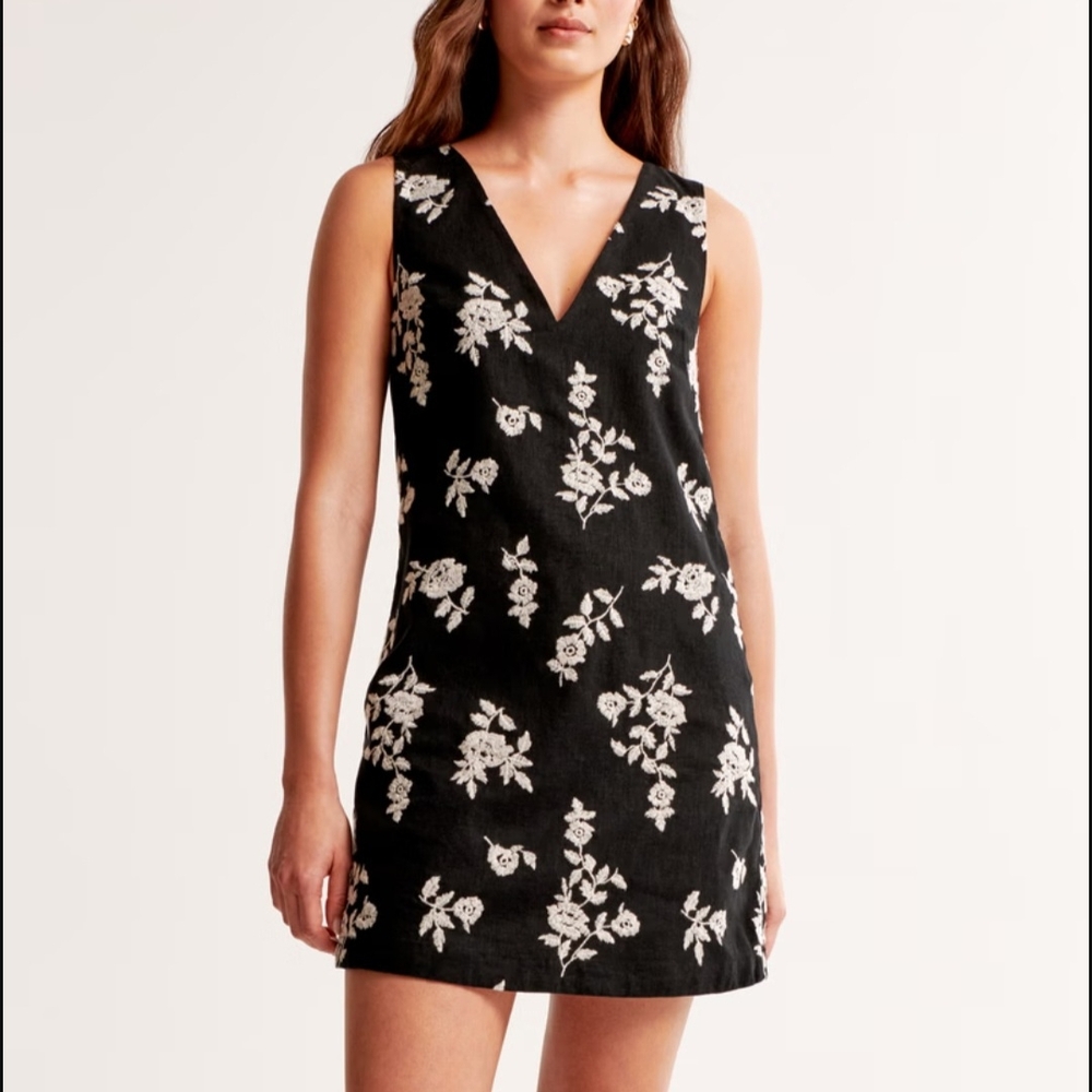 NWT Abercrombie Embroidered Linen-Blend Mini Dress, Size XS Tall